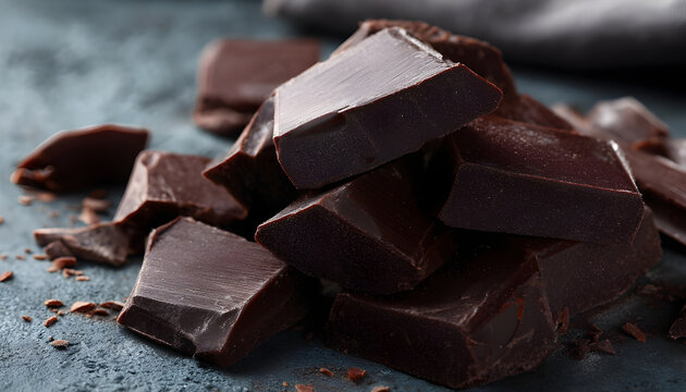 Chocolate chunks on dark grey textured background, closeup