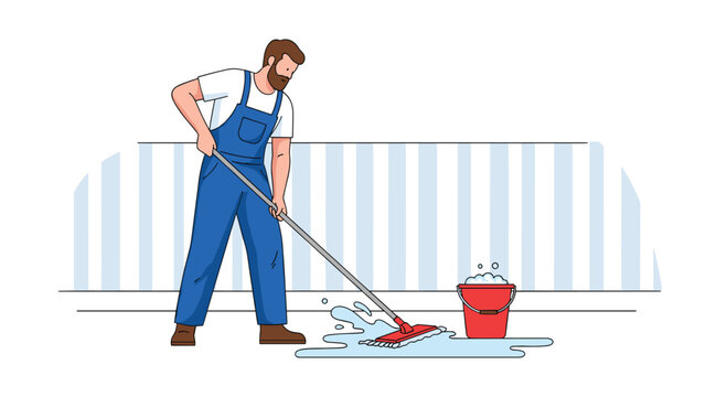 Professional cleaner man in blue overalls mopping a wet floor with a red bucket of soapy water against a striped wall background.