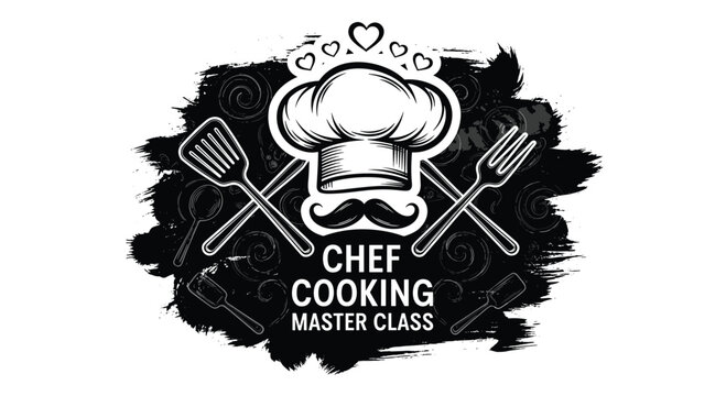 Artistic black and white logo for a chef cooking master class featuring a toque mustache crossed spatula and fork with hearts.
