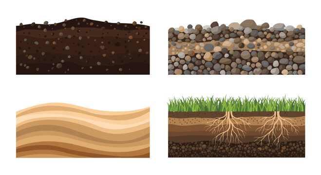 Educational diagram showing four different types of soil and ground layers including rocky sandy and fertile earth with grass roots.