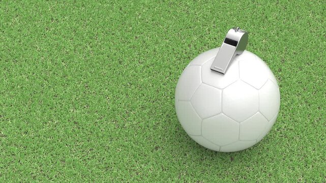 White football ball and metal referee whistle on a grass field