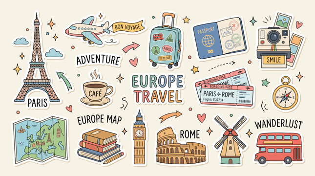 Hand drawn sticker set featuring iconic landmarks and travel essentials for planning a fun European vacation with various cute elements