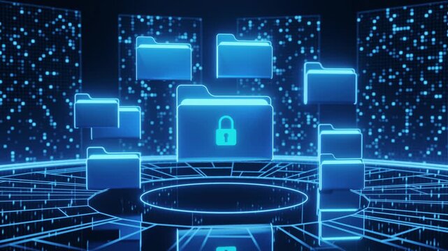 3D glowing blue file folders floating around a central locked folder with padlock icon on a dark digital grid background. Ideal for storage security, data protection, and cloud backup concepts.