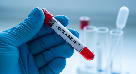 Fototapeta premium One hantavirus blood samples representing infectious disease screening concept Hand in blue glove holding hanta virus test tube with red liquid, medical background