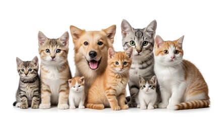 Group of Cats and Dog Pets Sitting Together.