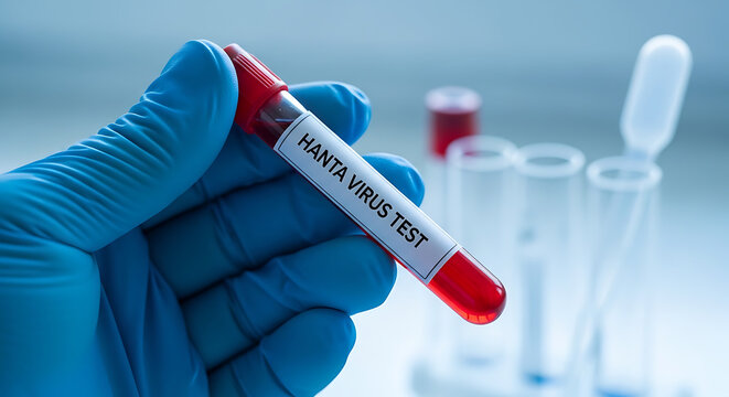 Hand in blue glove holding hanta virus test tube with red liquid, medical background