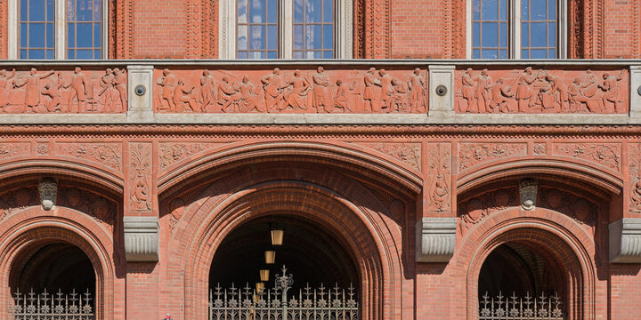 
Architecture detail of the Rotes Rathaus building in Berlin, Germany, with bas relief in terracota 