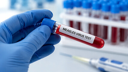 Fototapeta premium Hand in blue glove holding test tube labeled 'measles virus test' with sample, medical equipment in background