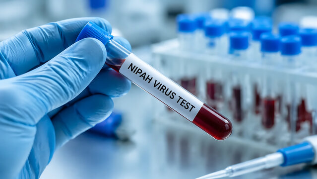 Hand in blue glove holding test tube labeled 'nipah virus test' with red liquid, medical lab background