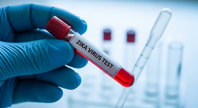 Hand in blue glove holding test tube labeled 'zika virus test' with red liquid, laboratory background