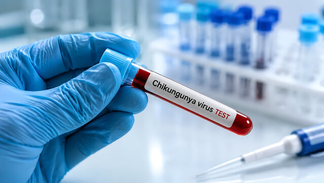 Hand in blue glove holding test tube with red liquid labeled 'chikungunya virus test', syringe and test tubes in background