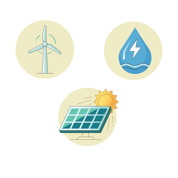Set of minimalist renewable energy icons featuring solar panels, wind turbine, and hydro power symbols in a flat design style.
