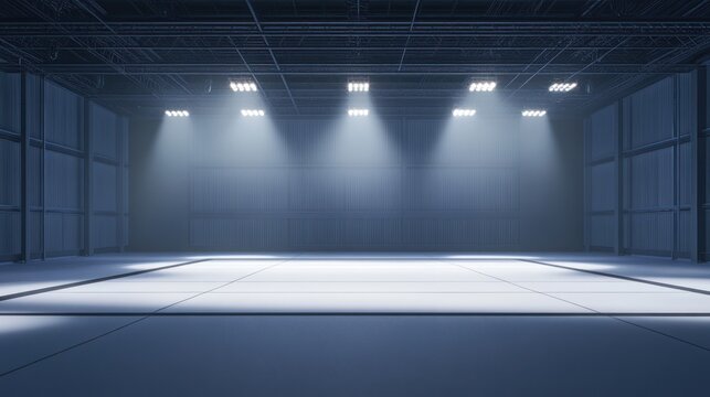 Large empty hall with grid ceiling and spotlights in a modern architecture