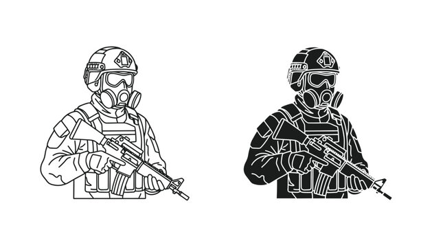 Soldier with gas mask and rifle icon set featuring tactical military personnel in outline and solid black silhouette