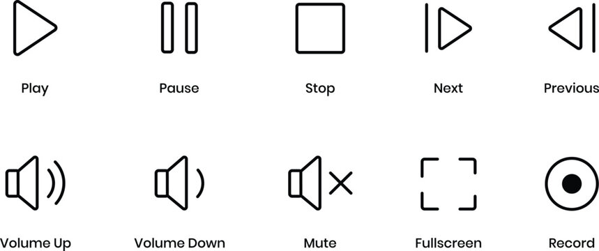 Media player controls icons for audio and video playback functionality.