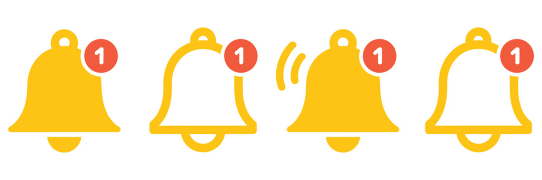 Notification bells icon set showing ringing bell alarm notification indicator for mobile apps messaging alerts system sounds push alerts and digital interface communication warning symbols vector