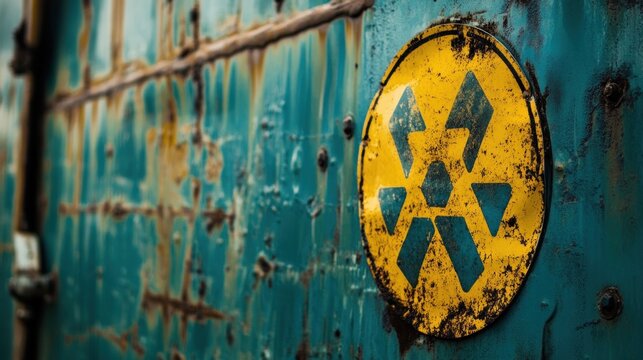 Radioactive symbol on weathered metal wall industrial hazard and warning sign