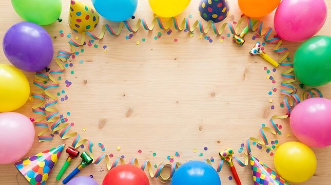 Colorful balloons and party decorations create a festive frame with copy space in the center, ready for your message or design