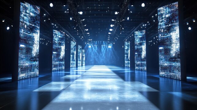 Empty stage with blue lighting and textured screens for event or presentation