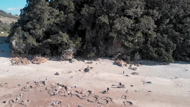 Hot Water Beach in the Coromandel Peninsula, aerial view, New Zealand