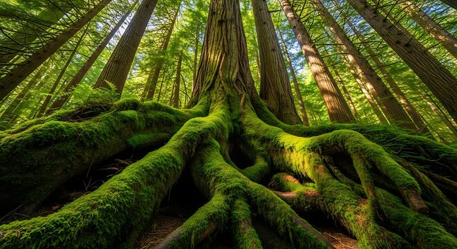 Massive tree roots covered in green moss in a sun-dappled forest with root system tree trunk botanical undergrowth sunlight environment ecosystem peaceful tranquil wildlife outdoors