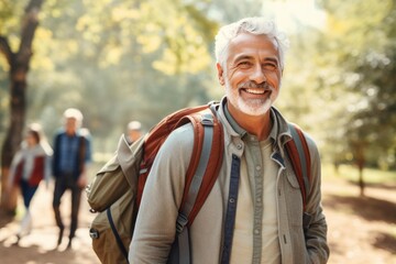 Obraz premium Senior man smiling, enjoying an active lifestyle outdoors with a backpack