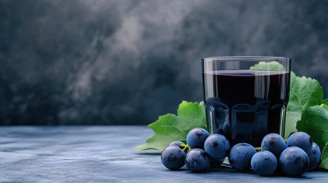 Fresh grape juice in a glass surrounded by grapes and leaves on a table