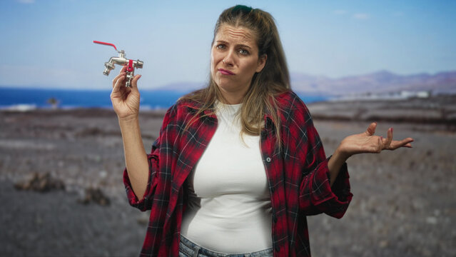 Woman holds faucet valve in one hand and shrugs with the other hand, expressing exasperation in a studio; plumbing problem frustration.