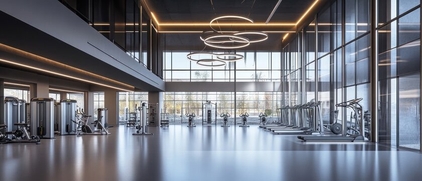 Modern fitness center interior with exercise equipment and natural sunlight streaming in
