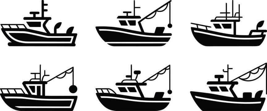 Sea fishing boat ship vector icon set flat art sign