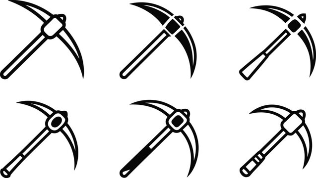 Black line pickaxe mine dig tool vector icon set art