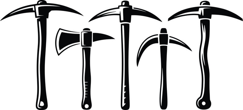 Black pickaxe axe mining work tool vector icon art set