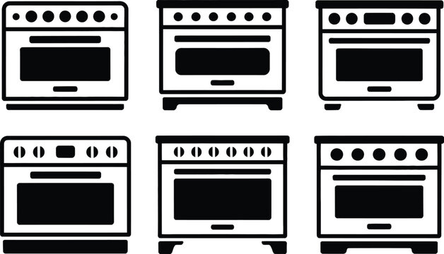 Flat black gas oven stove cook art icon vector set