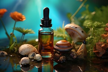 Naklejka premium Essential oil bottle standing on moss with mushrooms and botanicals reflecting in water