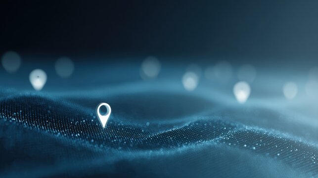 Glowing blue digital map mesh with illuminated location pins and scattered data points, futuristic connectivity and precision concept, clean modern tech style
