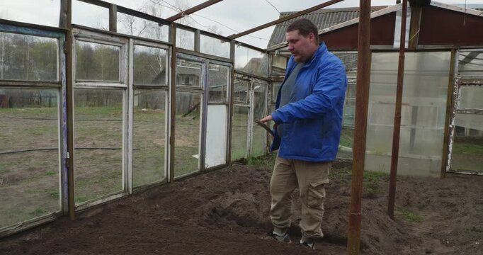 Adult male gardener raking the soil and sowing seeds by hand inside a rustic greenhouse, preparing a vegetable patch for the new planting season and agricultural cultivation of fresh food.