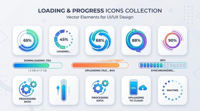 Set of Vector Loading Icons, Progress Bar and Download Status Indicators, Loading Animation UI Elements Collection, Modern Interface Design Illustration