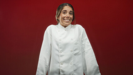 Fototapeta premium Chef woman in buttoned white coat shrugs shoulders in studio with deep red backdrop and minimal set; uncertainty.