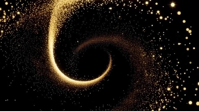 A dark cosmos background featuring an abstract spiral galaxy illustration with swirling blue light and glowing stars across a night sky nebula Cinematic gold abstract background video