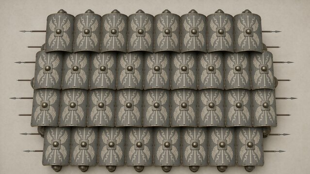 legionary. Geometric pattern of overlapping Roman shields in testudo formation. event programs, museum guides, designed for cultural heritage projects and event programs.