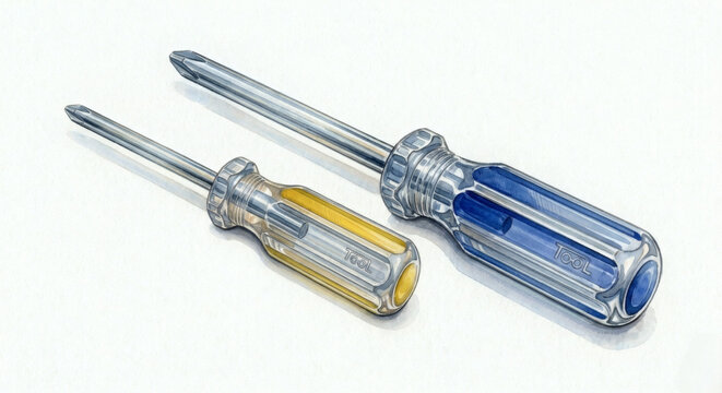 Two phillips head screwdrivers with blue and yellow handles isolated on white.
