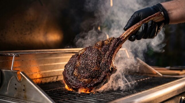 Tomahawk Ribeye Steak Searing on Hot Grill
