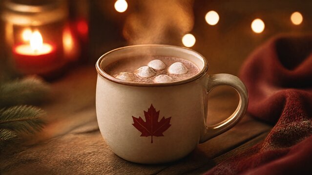 string. Ceramic mug with hot chocolate and maple leaf design on wooden table. representing seasonal cycles and harvest abundance, bar promotions, designed for product packaging and bar promotions.