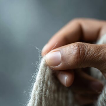Detail of hands picking at frayed yarn, capturing anxiety and stress, soft focus background, intimate and relatable scene