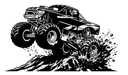 Roaring Monster Truck Mid Air Jump Mud Explosion Off Road Racing T Shirt Vector Illustration © Mdsabbir