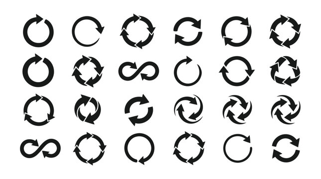Collection of various black circular arrow icons on white background