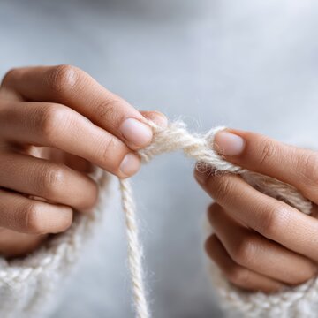 Detail of hands picking at frayed yarn, capturing anxiety and stress, soft focus background, intimate and relatable scene