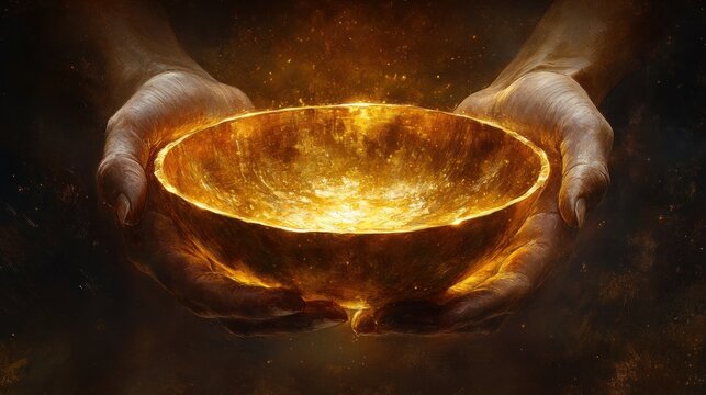 Golden bowl held in hands spiritual offering