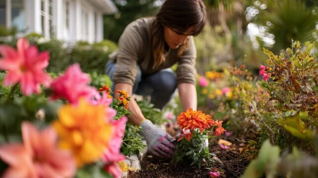 Woman planting vibrant orange chrysanthemums in a colorful garden bed