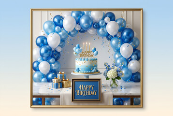 Fototapeta premium Festive blue and white birthday party, balloon arch, decorated cake with candles, gift boxes, celebratory arrangement, happy occasion backdrop.